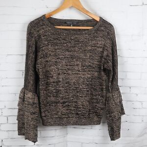 ENDLESS ROSE BLACK & GOLD METALLIC LONG RUFFLE BELL SLEEVE ROUND NECK TOP SIZE S